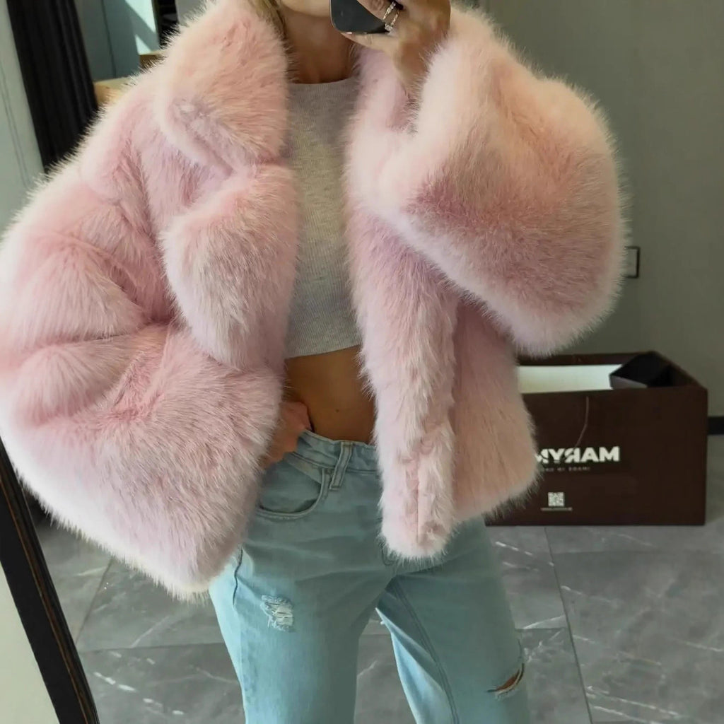 Women Cropped Faux Fur Bomber with Voluminous High Pile Fashion Glam