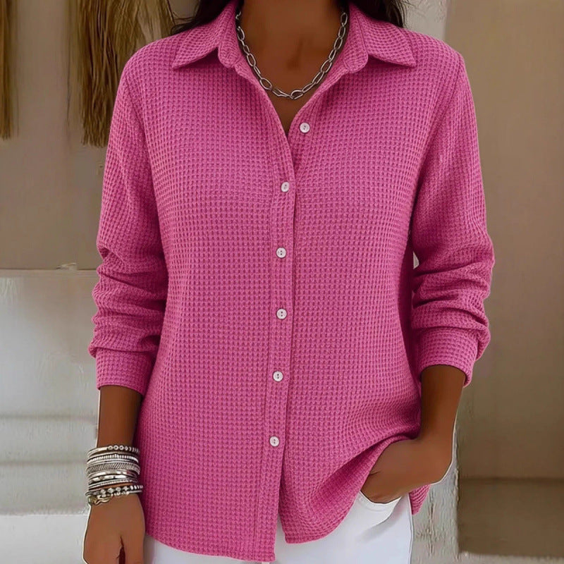 Women's Structured Shirt Blouse in Waffle Knit with Classic Collar and Continuous Button Placket Fashion Glam