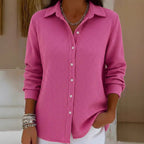 Women's Structured Shirt Blouse in Waffle Knit with Classic Collar and Continuous Button Placket Fashion Glam