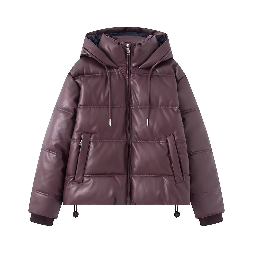 Women's Short Quilted Faux Leather Puffer Jacket with Hood, Drawstring and Side Pockets Fashion Glam