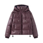 Women's Short Quilted Faux Leather Puffer Jacket with Hood, Drawstring and Side Pockets Fashion Glam
