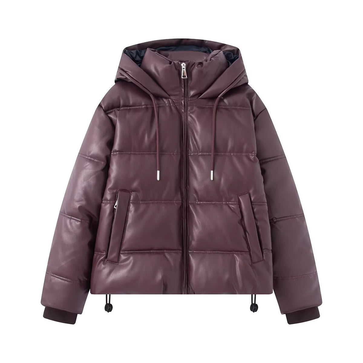 Women's Short Quilted Faux Leather Puffer Jacket with Hood, Drawstring and Side Pockets Fashion Glam