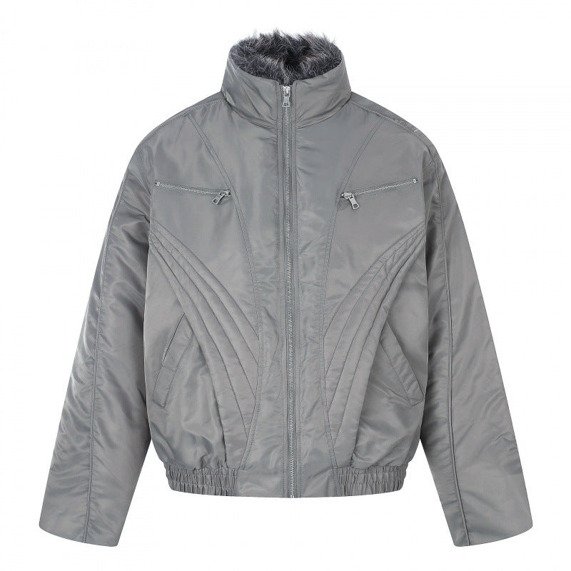 Men's short jacket in retro puffer style with high-closing faux fur collar and decorative wave quilting Fashion Glam