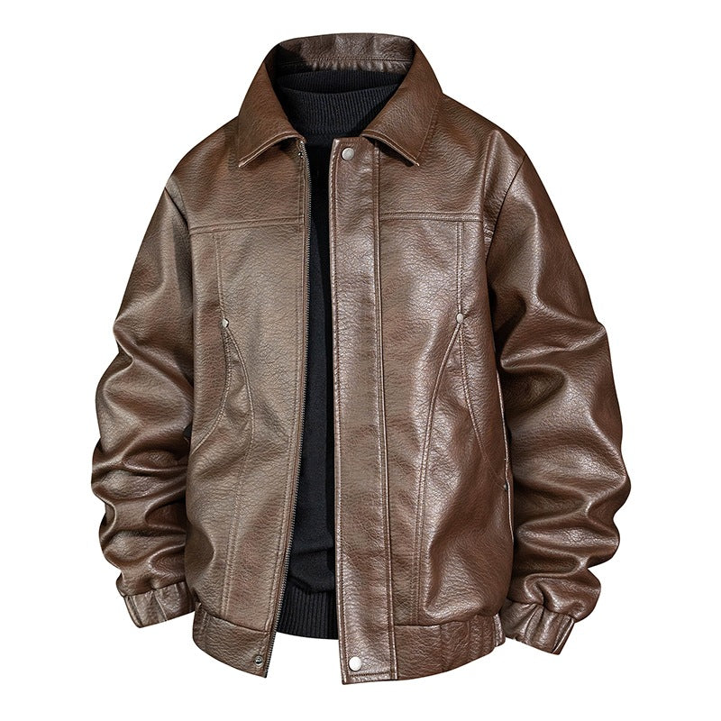 Men's faux leather bomber jacket with shirt collar, elastic waistband, and concealed zipper Fashion Glam
