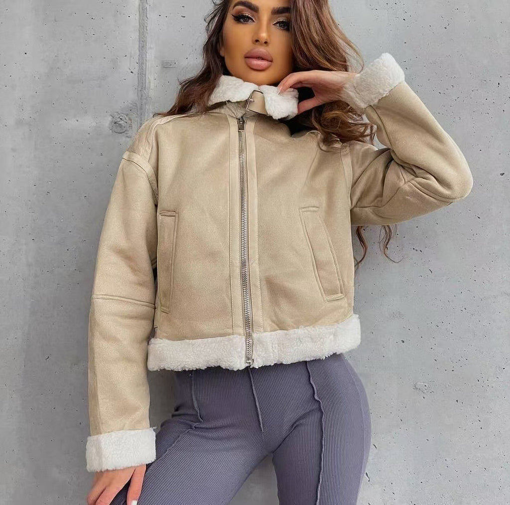 Women's Short Aviator Jacket with Teddy Lining and Faux Leather Look Fashion Glam