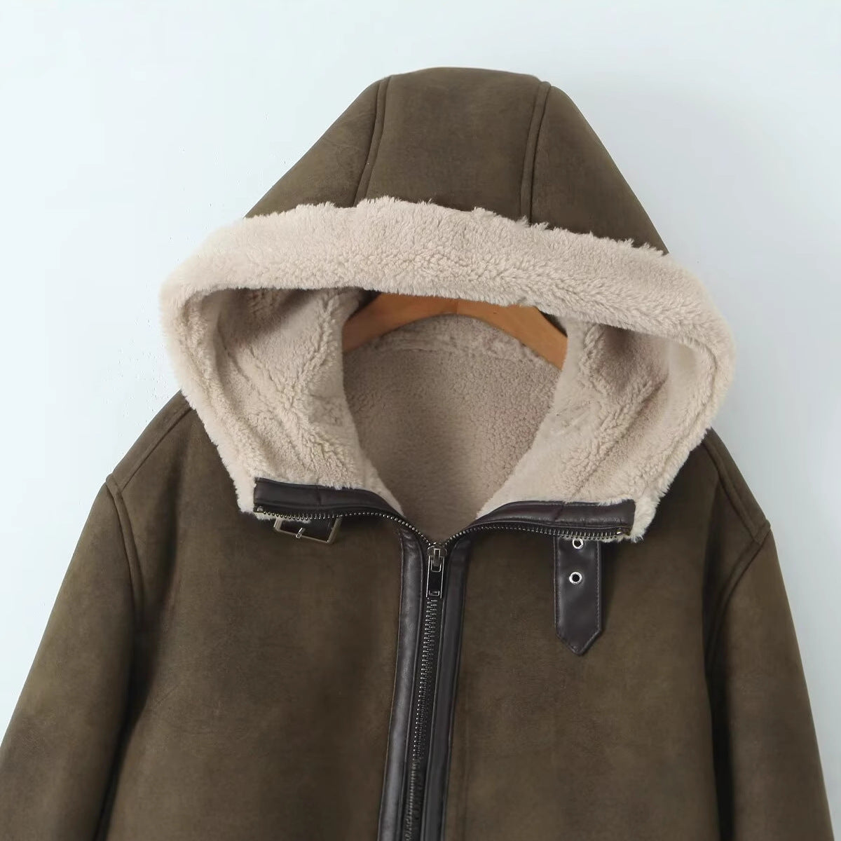 Women's Hooded Lambskin Imitation Bomber Jacket with Teddy Lining and Zip Fashion Glam