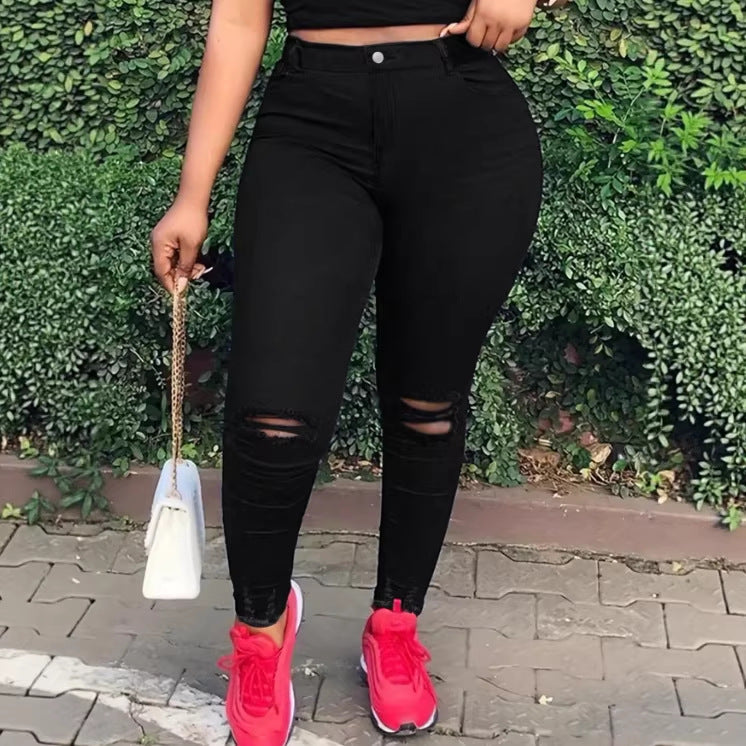 Women high-waisted body-shaping skinny jeans with knee rips and butt-lifting waistband Fashion Glam