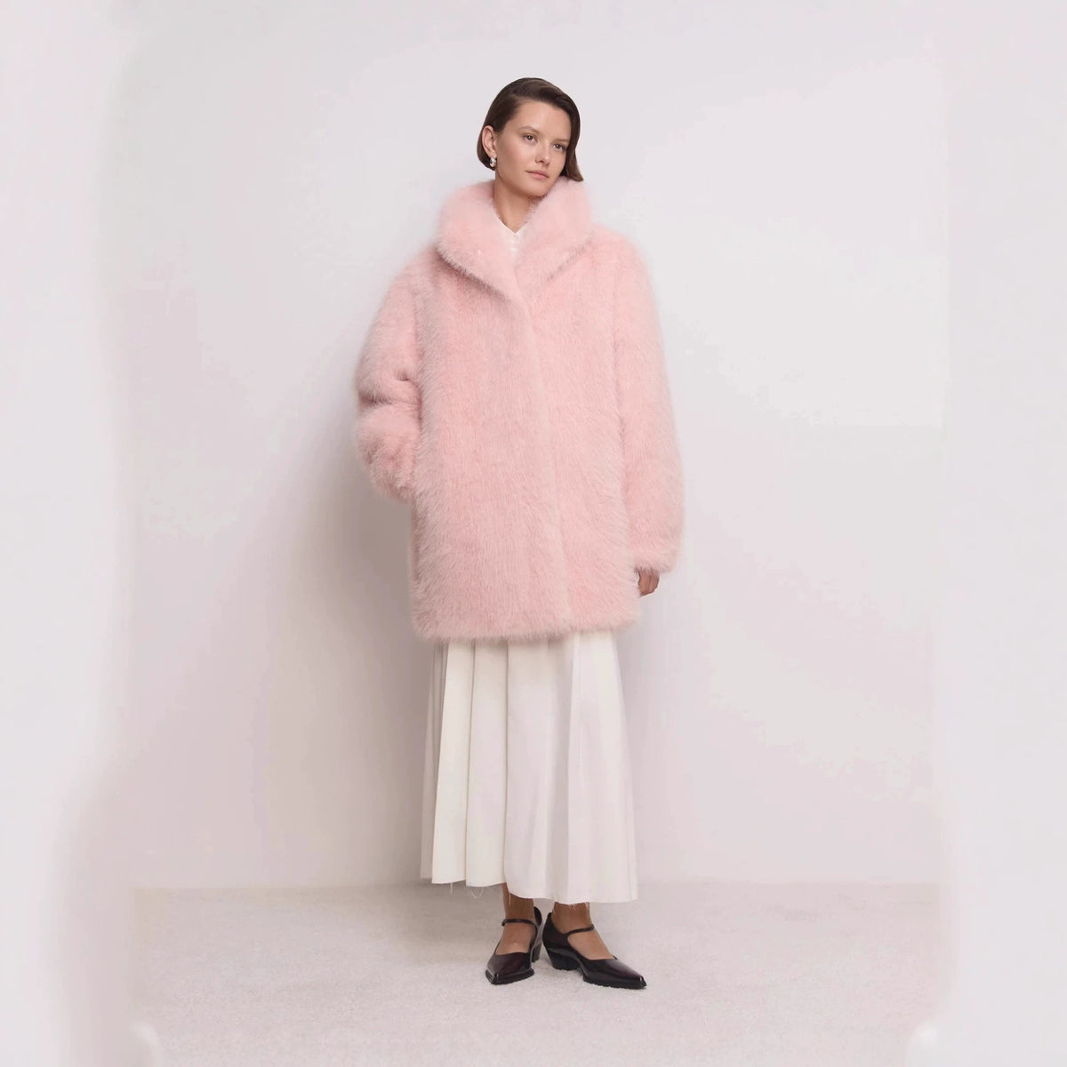Women's Mid-length fluffy teddy faux fur coat with standing shawl collar Fashion Glam