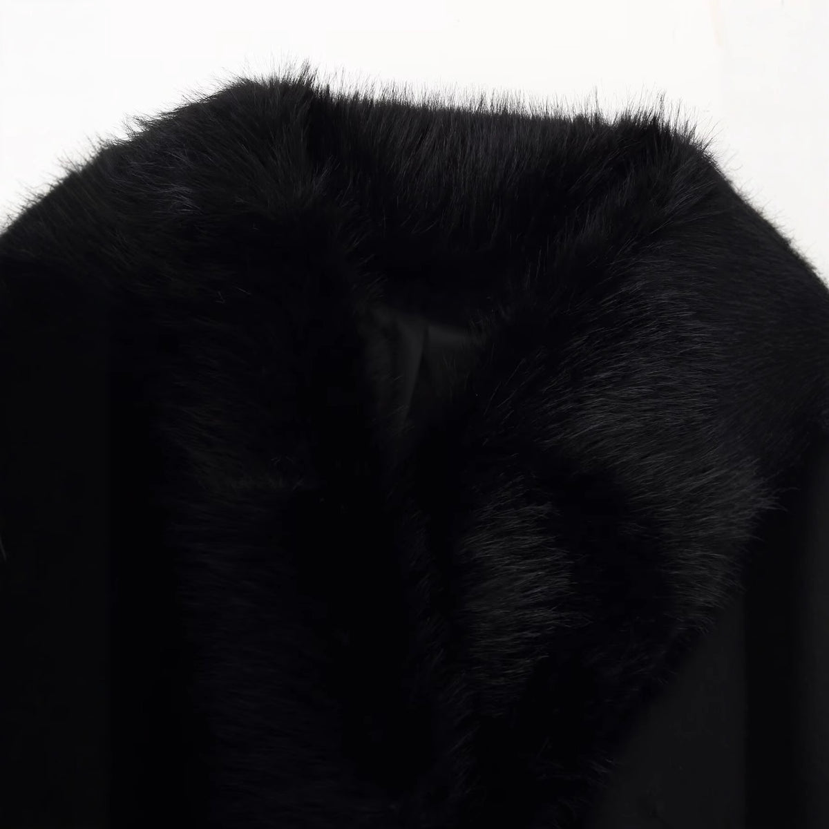 Women Elegant Wool Coat with Large Faux Fur Collar and Tie Belt Fashion Glam