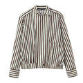 Women's Striped Blouson Shirt Blouse with Stand Collar, Shoulder Epaulettes, and Elastic Hem Fashion Glam