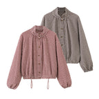 Women's Checked Oversize Blouson with Drawstring and Stand Collar Fashion Glam