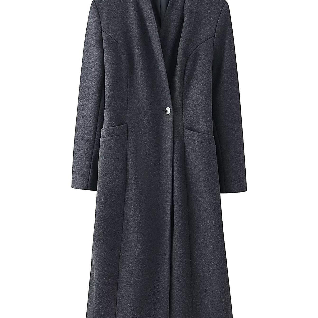 Ladies Elegant Wool Blend Long Coat with Shawl Collarless Look and Single Button Closure Fashion Glam