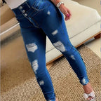 Women's High-Waisted Sculpting Skinny Jeans with Rips and Triple Button Fashion Glam