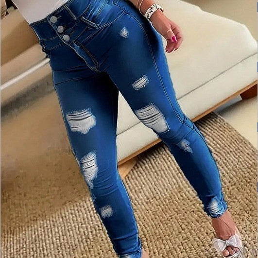 Women's High-Waisted Sculpting Skinny Jeans with Rips and Triple Button Fashion Glam