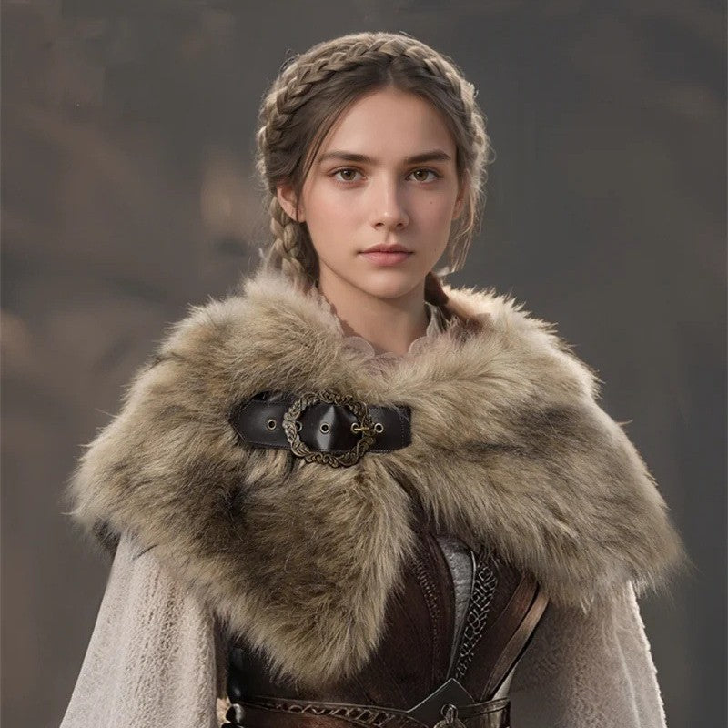 Women's shoulder cape made of fake fur with an asymmetrical hem and decorative belt Fashion Glam