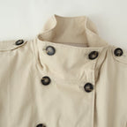 Women's short trench-style jacket, double-breasted with high stand-up collar and waist smocking Fashion Glam