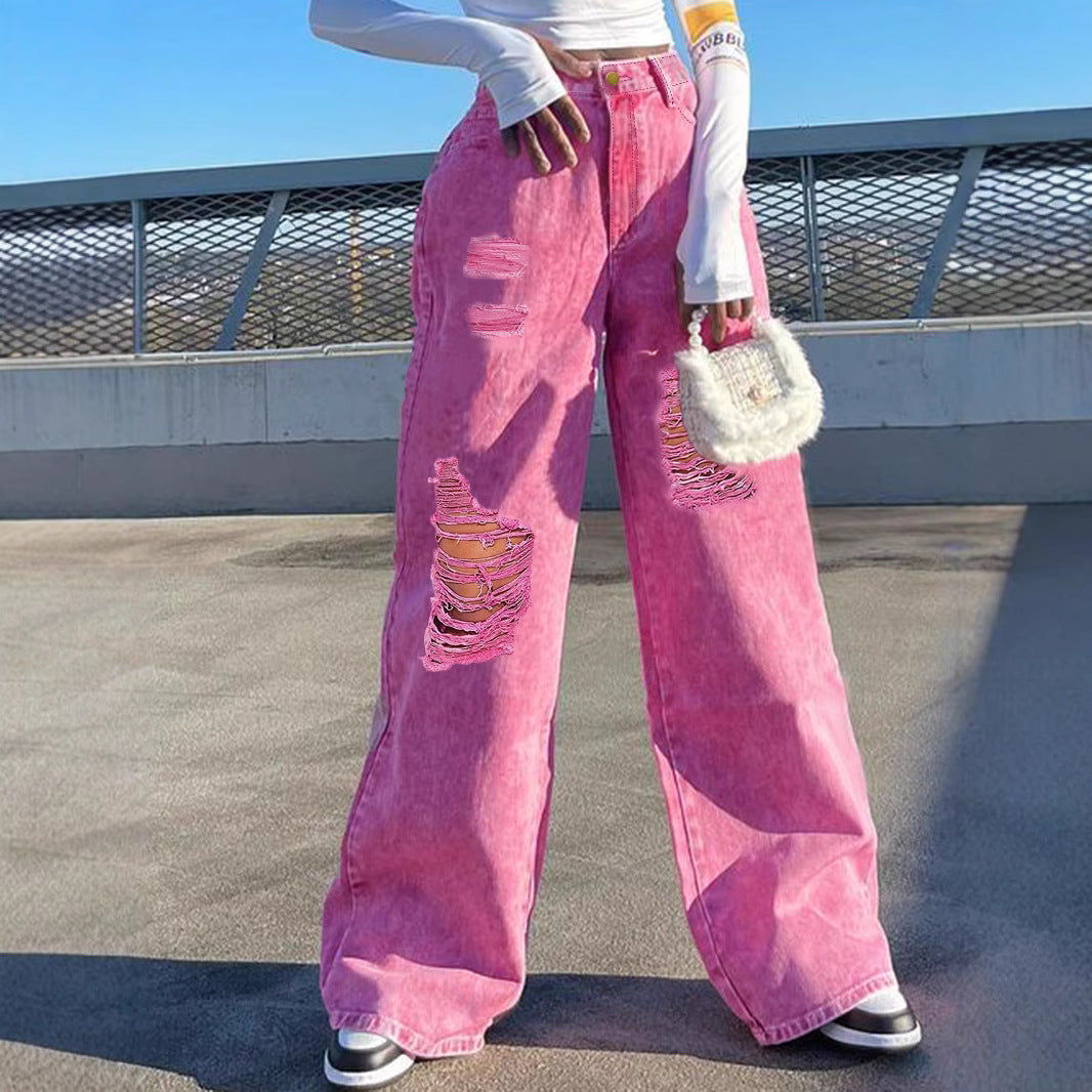 Women High-Waisted Wide Denim Palazzo Pants with Eye-Catching Ripped Inserts Fashion Glam