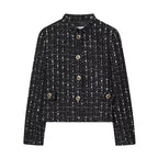 Women's short bouclé tweed jacket with stand-up collar, decorative buttons and patch pockets Fashion Glam