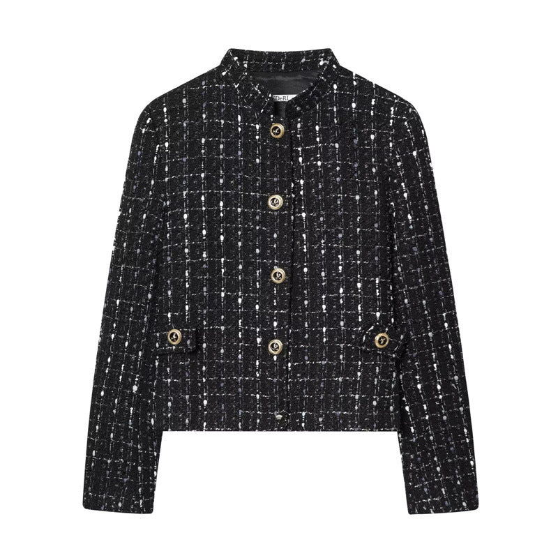 Women's short bouclé tweed jacket with stand-up collar, decorative buttons and patch pockets Fashion Glam