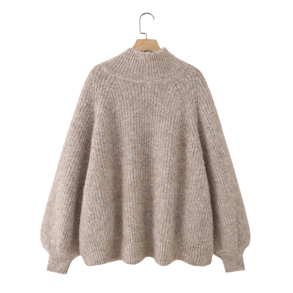 Women Oversize Mohair-Optic Knit Sweater with Stand-Up Collar and Balloon Sleeves Fashion Glam
