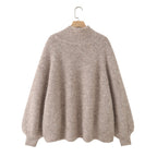 Women Oversize Mohair-Optic Knit Sweater with Stand-Up Collar and Balloon Sleeves Fashion Glam
