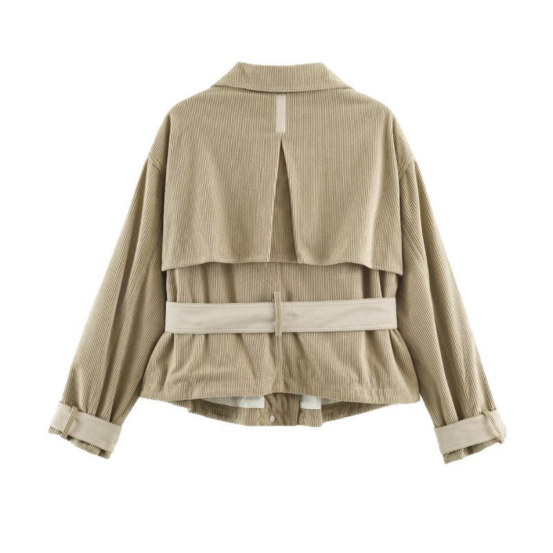Women’s corduroy short jacket with fitted belt and snap button placket Fashion Glam