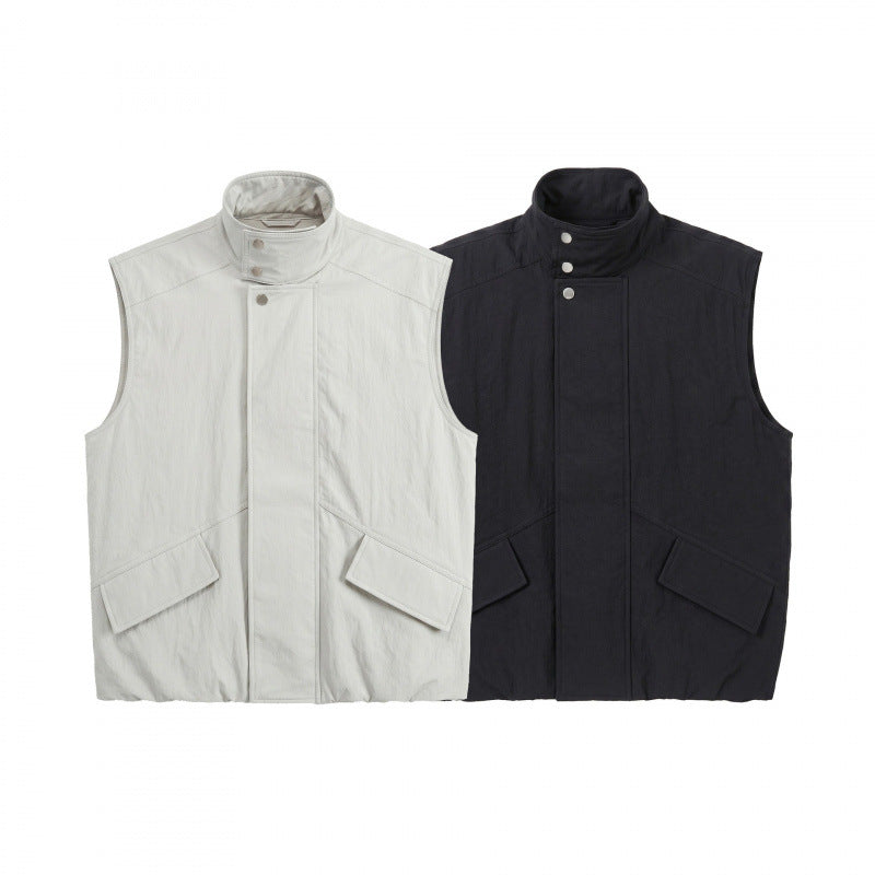 Unisex Boxy Padded Sleeveless Vest with High Stand-Up Collar, Hidden Snap Button Placket and Flap Pockets Fashion Glam