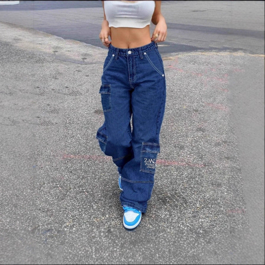 Women's high-waisted wide cargo denim pants with elastic waistband and multiple pockets Fashion Glam