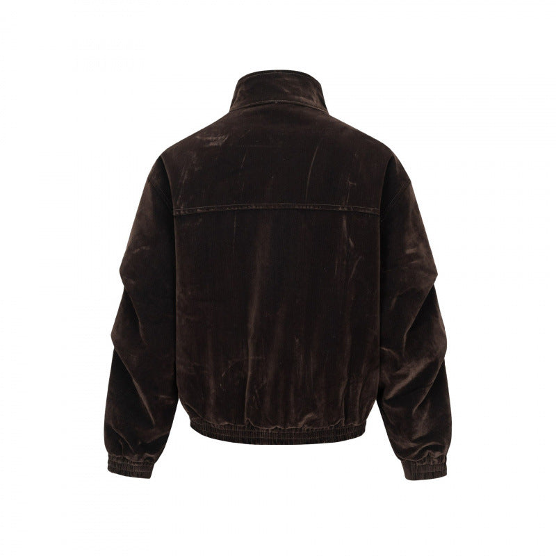 Men's velvet bomber jacket with stand collar, concealed snap button placket, and elastic hem Fashion Glam