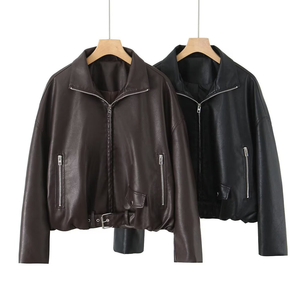 Women’s cropped oversized leather jacket in bomber style with zippered pockets and waist belt Fashion Glam