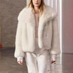 Women Cropped Faux Fur Jacket with XXL Lapel and Dense Long Pile Fashion Glam