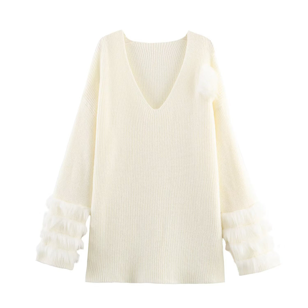 Ladies fine knit mini dress with deep V-neckline and layered faux fur sleeves Fashion Glam