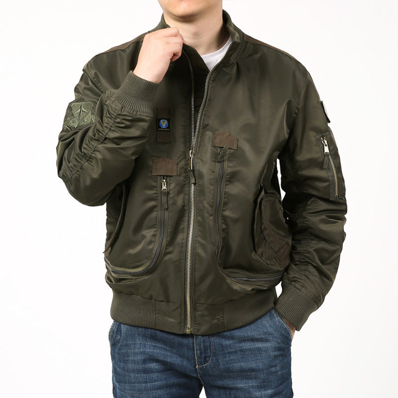 Men's Nylon Bomber Jacket Pilot Style with Multiple Pockets, Sleeve Utility Pocket and Ribbed Cuffs Fashion Glam