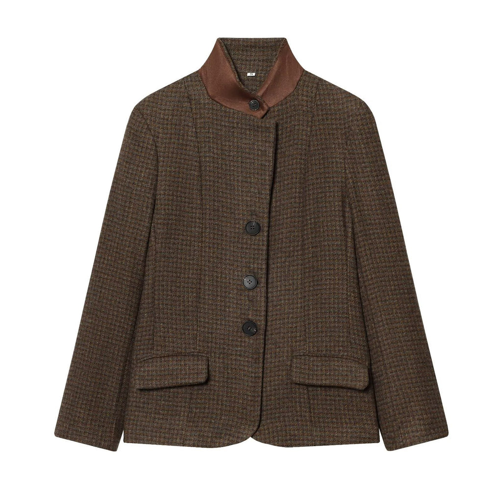 Women Short Tweed Blazer with Standing Collar, Button Placket and Flap Pockets Fashion Glam