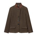 Women Short Tweed Blazer with Standing Collar, Button Placket and Flap Pockets Fashion Glam