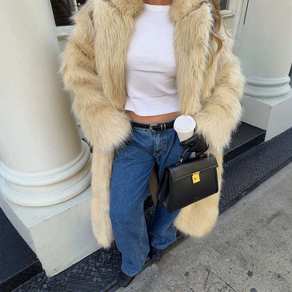 Women's Extravagant Long Coat made of High-Pile Faux Fur with Voluminous Shawl Collar and Tailored Silhouette Fashion Glam