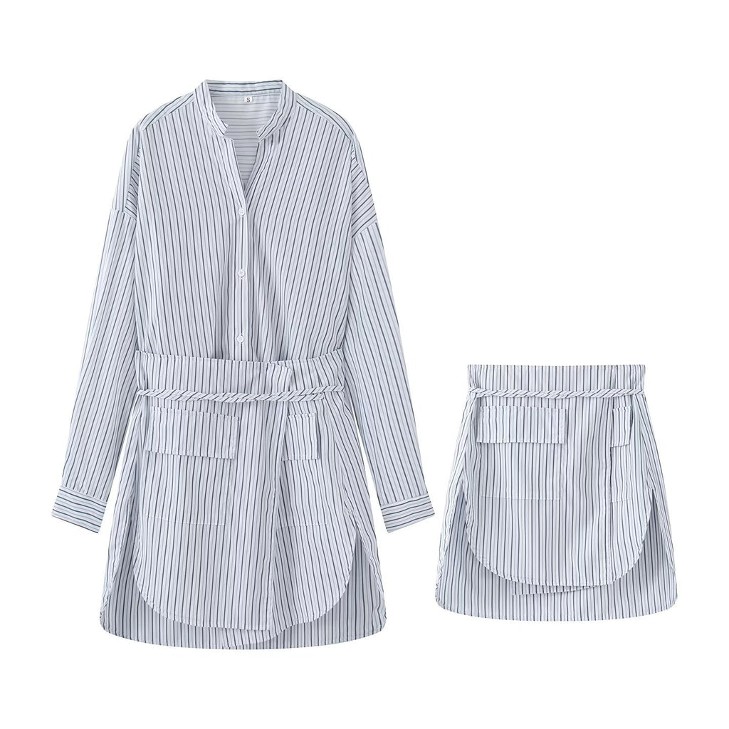 Women's shirt dress with belted waist, mandarin collar, and patch pockets Fashion Glam