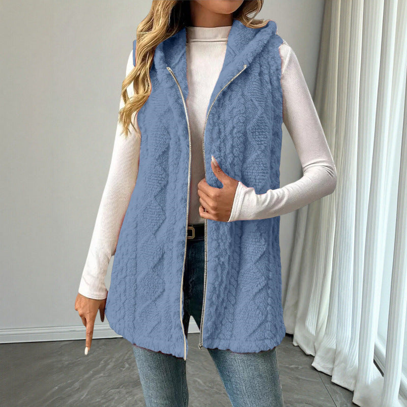 Women's Hooded Teddy Vest with Zipper and Structured Knit Look Fashion Glam