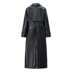 Women’s longline trench coat made of faux leather with a fitted belt and shoulder flaps Fashion Glam