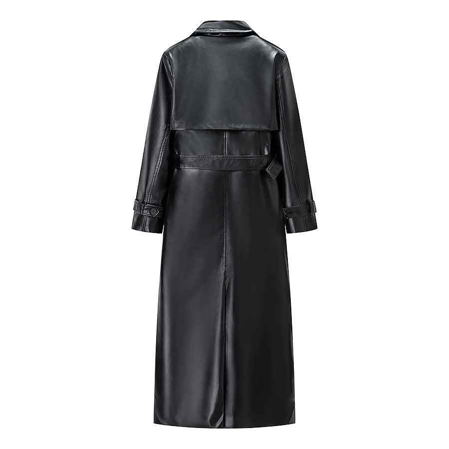 Women’s longline trench coat made of faux leather with a fitted belt and shoulder flaps Fashion Glam