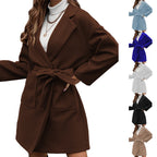 Ladies wrap coat with tie belt, large flap pocket and lapel collar Fashion Glam