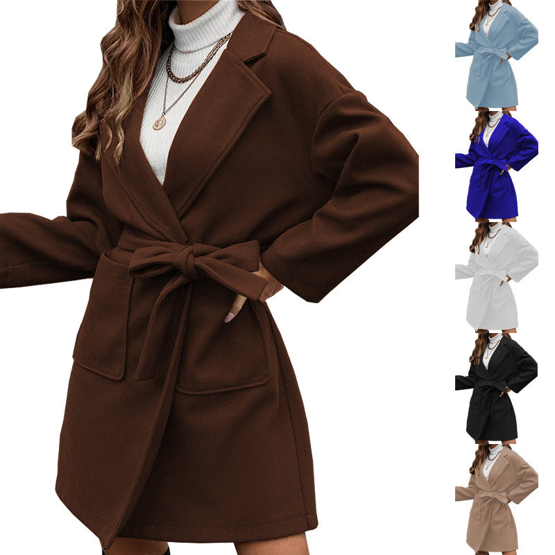 Ladies wrap coat with tie belt, large flap pocket and lapel collar Fashion Glam