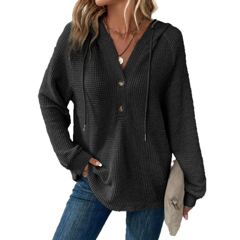 Women Waffle Knit Hoodie with Henley Button Placket and Oversized Cut Fashion Glam