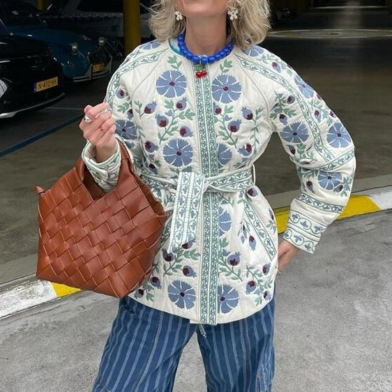 Women’s Embroidered Quilted Jacket in Boho Style with Wooden Button Placket Fashion Glam