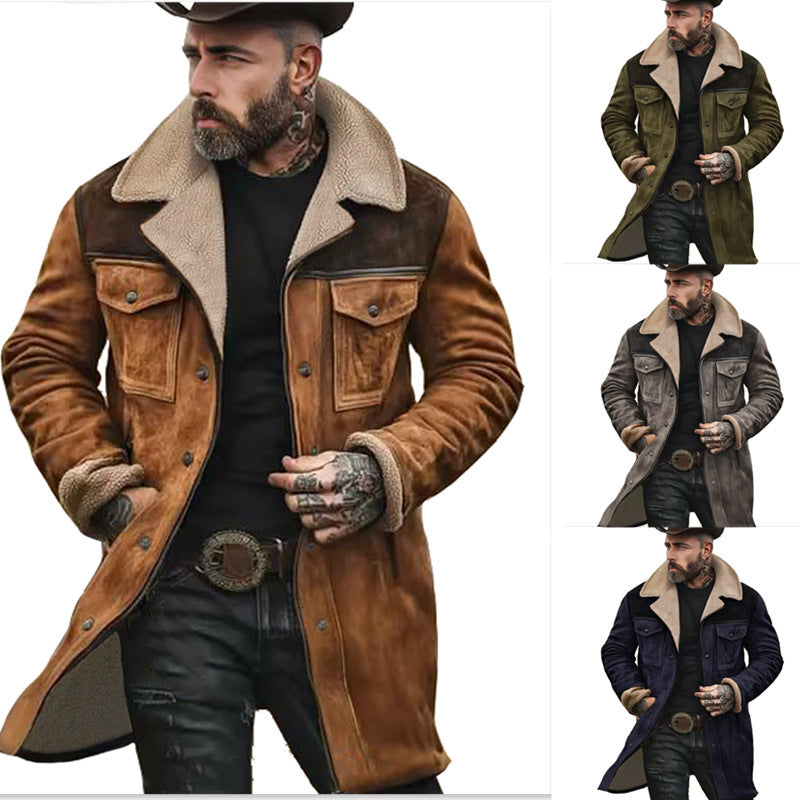Men's Long Sherpa Coat with Faux Fur Lining and Suede Look Fashion Glam