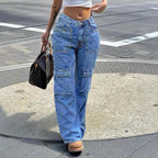 Women's High-Waisted Baggy Cargo Jeans in Utility Look with Oversized Flap Pockets Fashion Glam