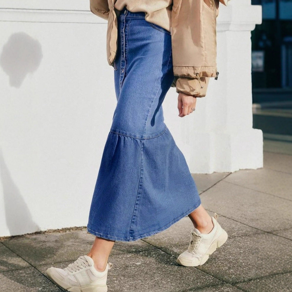 Women High-Waisted Maxi Denim Skirt with Continuous Button Placket and High Front Slit Fashion Glam