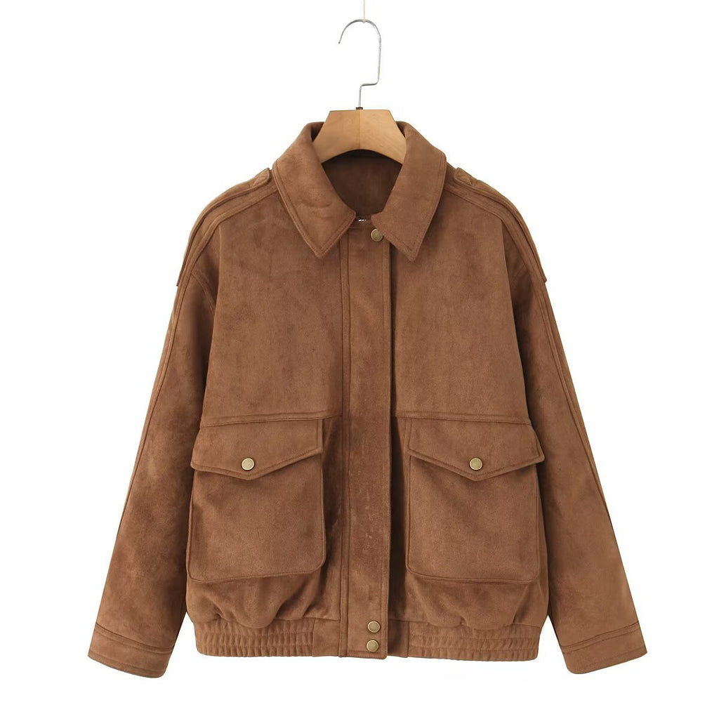 Women's Oversize Suede-Look Bomber Jacket with Flap Pockets and Elastic Hem Fashion Glam