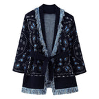 Women Fringe Kimono Cardigan with Paisley Jacquard and Tied Belt Fashion Glam