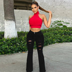 Women's high-waisted flared jeans with destroyed rips and sculpting stretch cut Fashion Glam